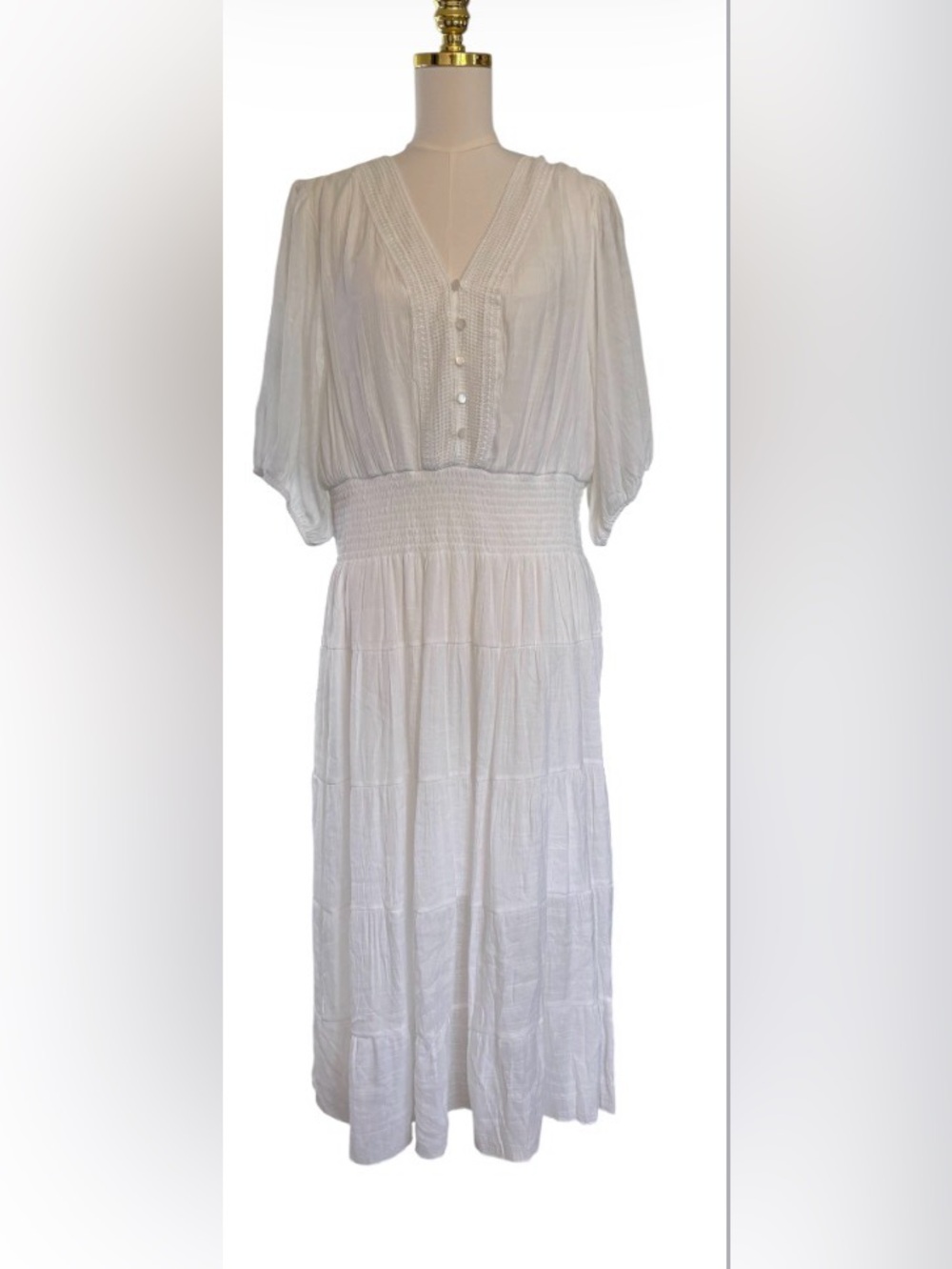 J Gee Tiered Maxi Dress Women's 3X White Smocked Puff Sleeve  Cottagecore NWT